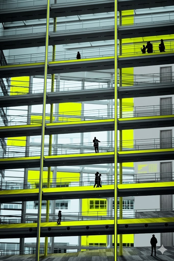Industrial office interior with electric-lime balconies