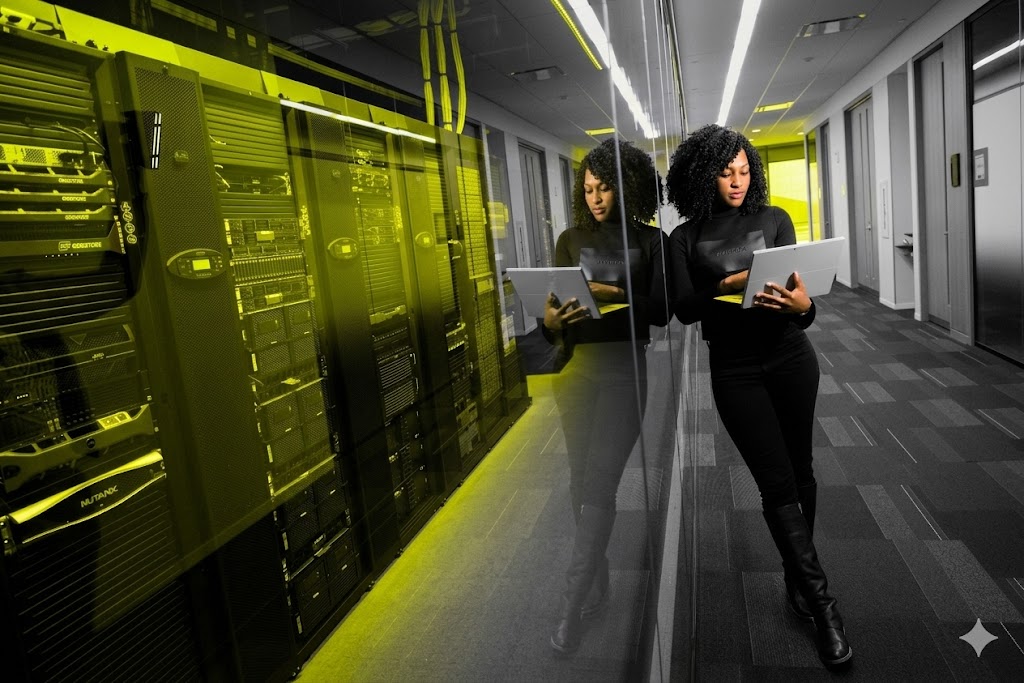 Server room, desaturated with electric lime light